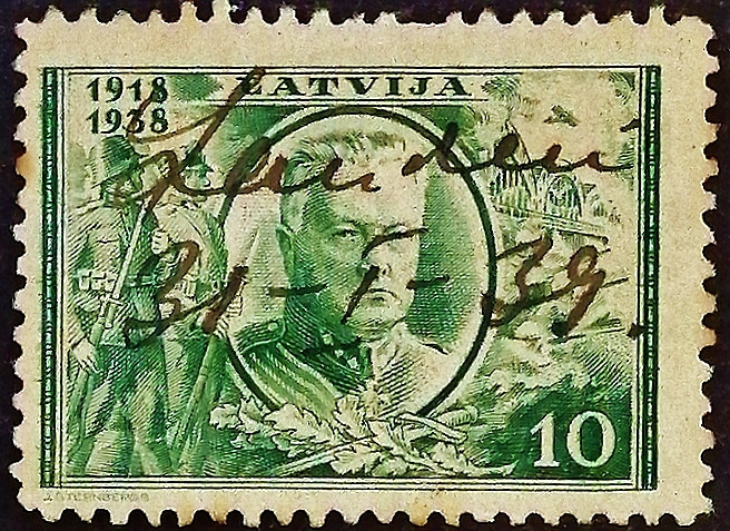 Почтовая марка (10 c.). "Генерал Янис Балодис". 1938 год, Латвия.