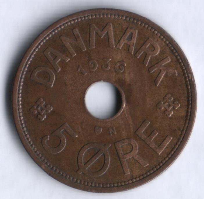 Монета 5 эре. 1936 год, Дания. N;GJ.