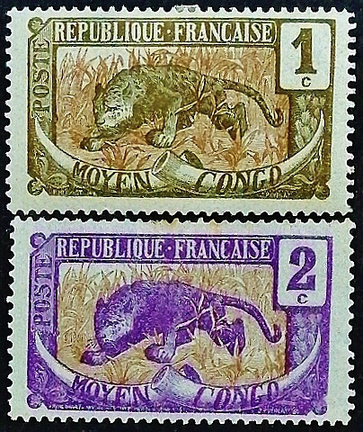 Набор марок (2 шт.). "Леопард". 1907 год, Среднее Конго.