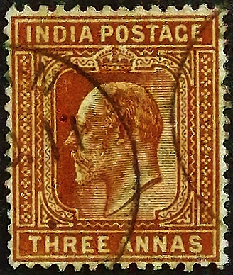 Почтовая марка (3 an.). "Король Эдуард VII". 1902 год, Британская Индия.