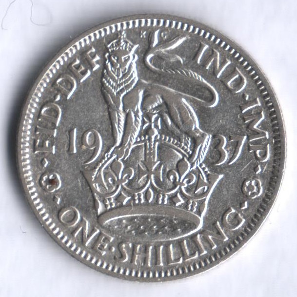 Монета 1 шиллинг. 1937 год, Великобритания (Лев Англии).