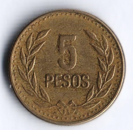 Монета 5 песо. 1989 год, Колумбия.