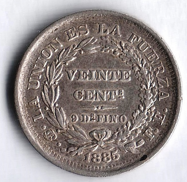 Монета 20 сентаво. 1885(PTS FE) год, Боливия.