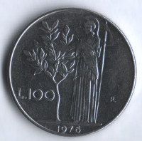 Монета 100 лир. 1976 год, Италия. 