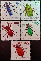 Набор марок (5 шт.). "Жуки, находящиеся под угрозой исчезновения". 1993 год, ФРГ.
