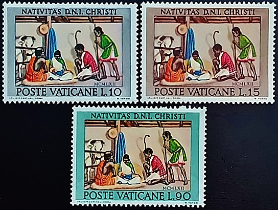 Набор марок (3 шт.). «Поклонение пастухов», Маркус Топно. 1962 год, Ватикан.