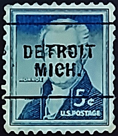 Почтовая марка (5 c.). "Джеймс Монро". 1954 год, США. Предварительное гашение "DETROIT/MICH.".