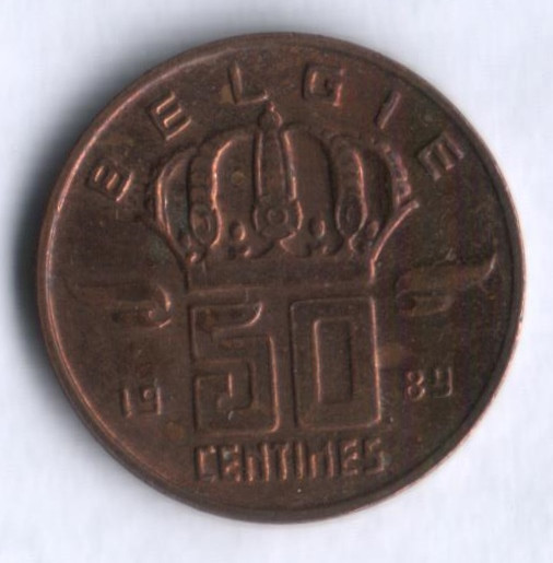 Монета 50 сантимов. 1989 год, Бельгия (Belgie).