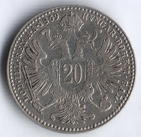 Монета 20 крейцеров. 1869 год, Австро-Венгрия.