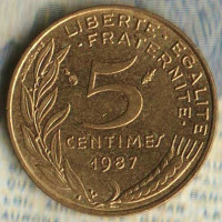 Монета 5 сантимов. 1987 год, Франция.