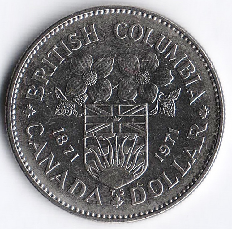 Монета 1 доллар. 1971 год, Канада. 100 лет присоединения Британской Колумбии.