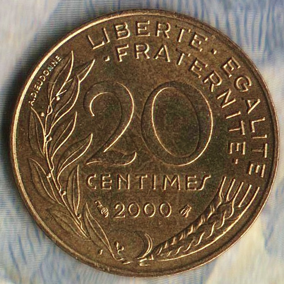 Монета 20 сантимов. 2000 год, Франция. Дата сжатая.
