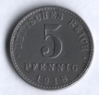 Монета 5 пфеннигов. 1918 год (A), Германская империя.