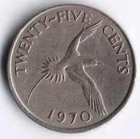 Монета 25 центов. 1970 год, Бермудские острова.