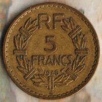 Монета 5 франков. 1946 год, Франция. Колониальный выпуск.