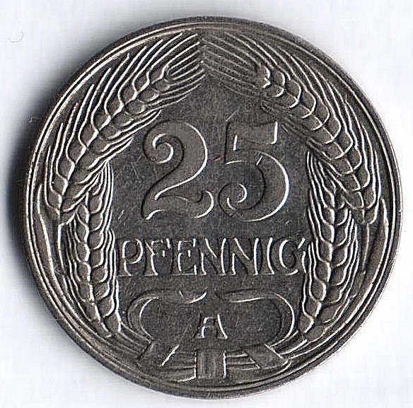 Монета 25 пфеннигов. 1912 год (A), Германская империя.