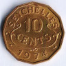Монета 10 центов. 1974 год, Сейшельские острова.