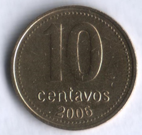 Монета 10 сентаво. 2006 год, Аргентина.