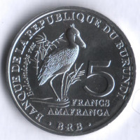 Монета 5 франков. 2014 год, Бурунди. Королевская цапля (Китоглав).