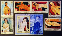 Набор марок (6 шт.) с блоком. "Картины обнаженной натуры Амедео Модильяни". 1971 год, Манама.