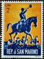 Марка почтовая (2 l.). "Охота". 1962 год, Сан-Марино.