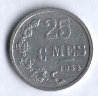 Монета 25 сантимов. 1954 год, Люксембург.