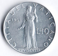 Монета 10 лир. 1951 год, Ватикан.
