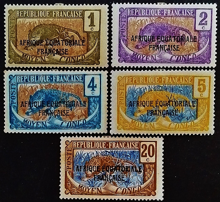 Набор марок (5 шт.). "Леопард «AFRIQUE EQUATORIALE FRANCAISE»". 1924 год, Среднее Конго.