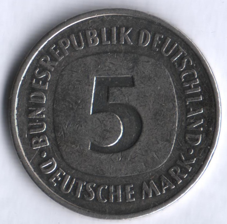 Монета 5 марок. 1975 год (D), ФРГ.