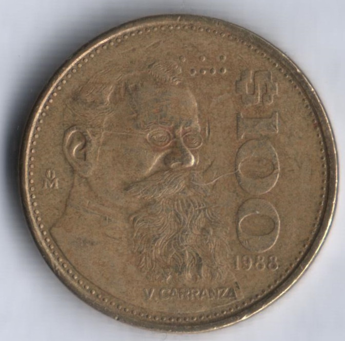 Монета 100 песо. 1988 год, Мексика. Венустино Карранса.