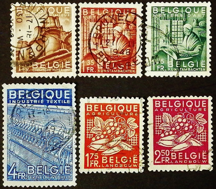 Набор почтовых марок (6 шт.). "Развитие экспорта". 1948 год, Бельгия.