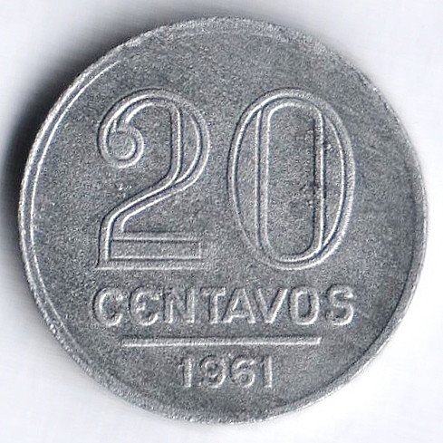 Монета 20 сентаво. 1961 год, Бразилия.