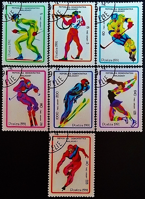 Набор почтовых марок (7 шт.). "Зимние Олимпийские игры, Альбервиль`1992 (II)". 1991 год, Мадагаскар.