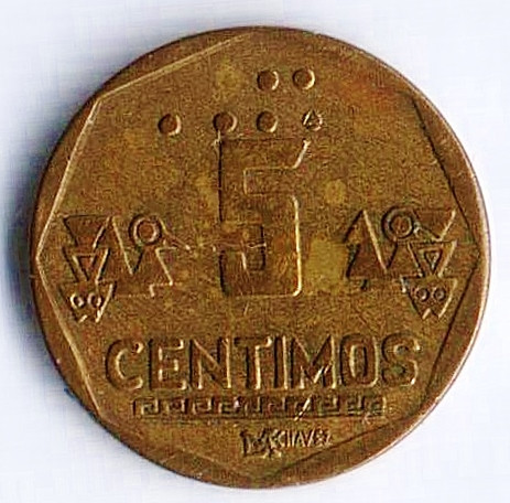 Монета 5 сентимо. 1993 год, Перу.
