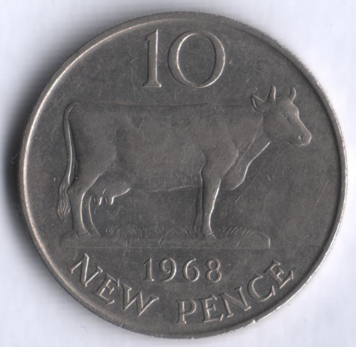 Монета 10 новых пенсов. 1968 год, Гернси.