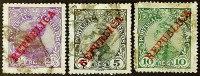 Набор почтовых марок (3 шт.). "Король Мануэль II (REPUBLICA)". 1910 год, Португалия.