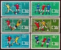 Набор почтовых марок (6 шт.) с блоком. "Чемпионат Мира по футболу, Германия`1974". 1974 год, Болгария.