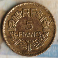 Монета 5 франков. 1946(C) год, Франция. Колониальный выпуск.