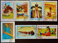 Набор почтовых марок (7 шт.). "Монгольская живопись". 1975 год, Монголия.
