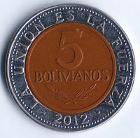 Монета 5 боливиано. 2012 год, Боливия.