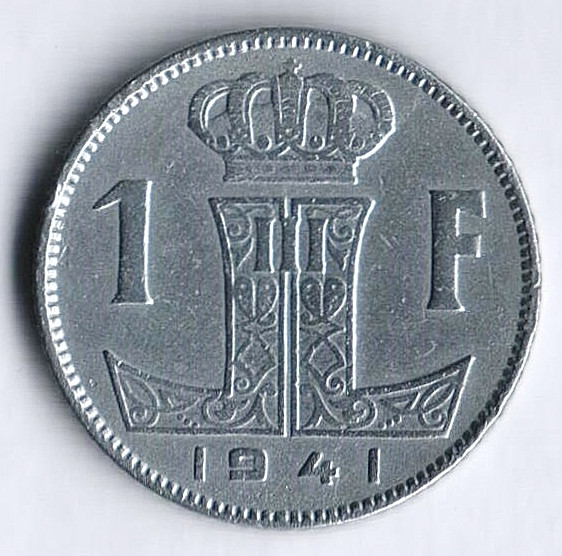 Монета 1 франк. 1941 год, Бельгия (Belgique-Belgie).