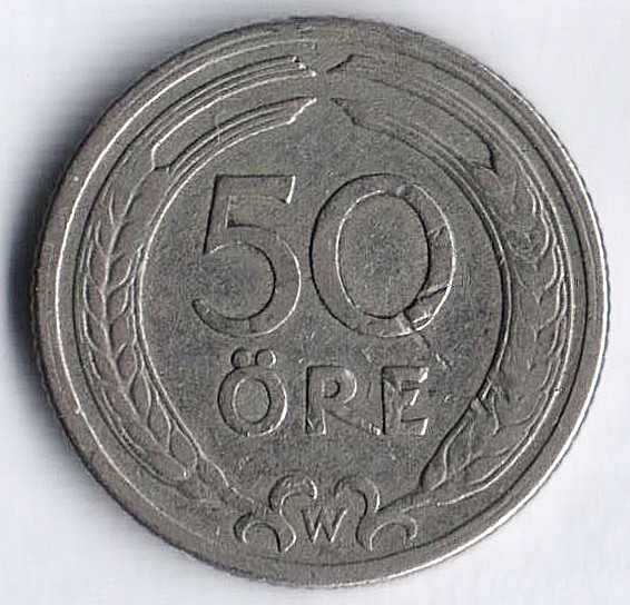 Монета 50 эре. 1921(W) год, Швеция.