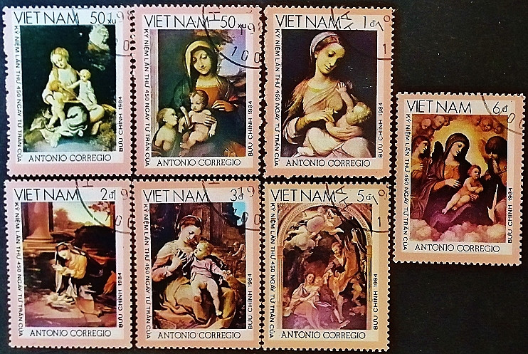 Набор почтовых марок (7 шт.). "450 лет со дня смерти Антонио Корреджо". 1984 год, Вьетнам.