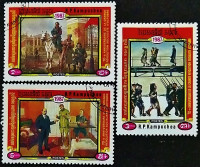 Набор почтовых марок (3 шт.). "70 лет Великой Октябрьской революции". 1987 год, Камбоджа.