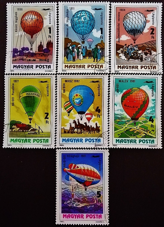 Набор почтовых марок (7 шт.). "200 лет пилотируемым полетам". 1983 год, Венгрия.