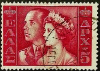 Почтовая марка (5 др.). "Король Павел и королева Фредерика". 1956 год, Греция.