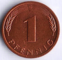 Монета 1 пфенниг. 1990(G) год, ФРГ.
