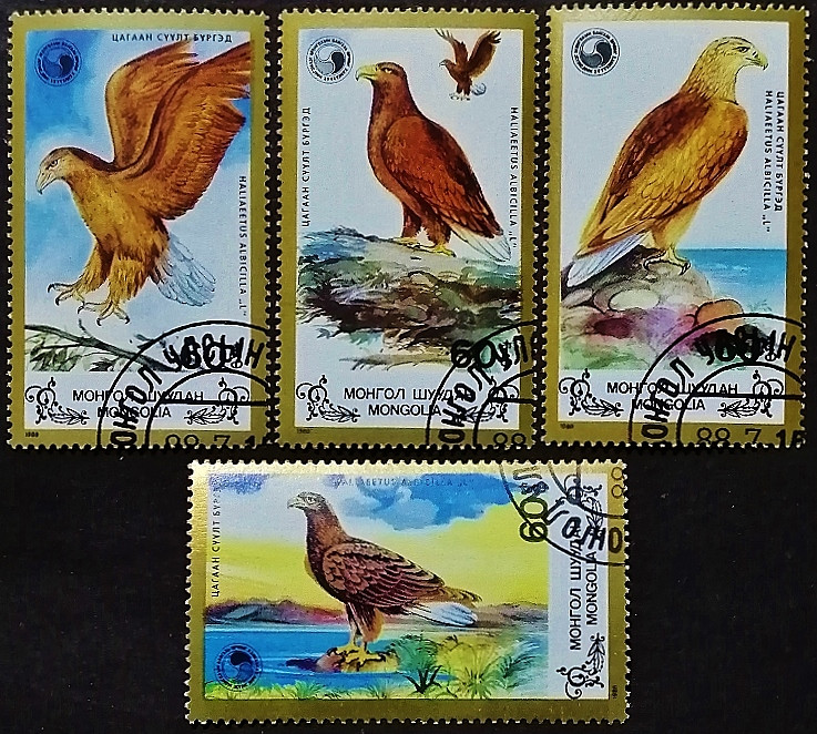 Набор почтовых марок (4 шт.). "Орлы". 1988 год, Монголия.