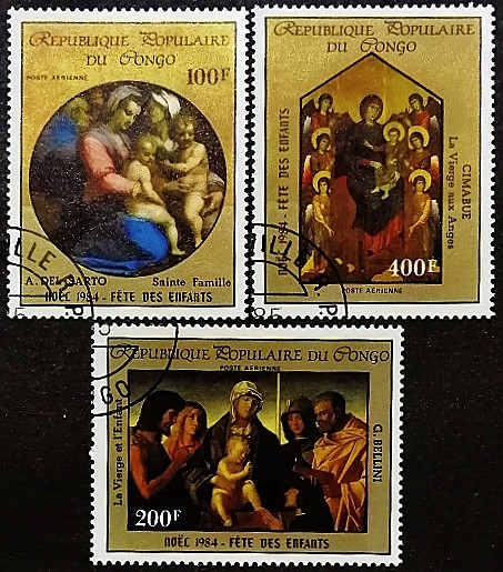 Набор почтовых марок (3 шт.). "Рождество`1984". 1985 год, Республика Конго.