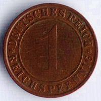 Монета 1 рейхспфенниг. 1930 год (D), Веймарская республика.